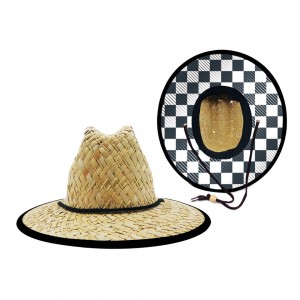 Custom Natural Grass Checkered Racing Flag Uv Protection Kid Lifeguard Safari Surfing Beach Children Straw Hat