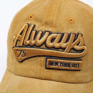 Custom Designer 3d Embroidery Vintage Cap Baseball 6 Panel Washed Cotton Yellow Baseball Cap